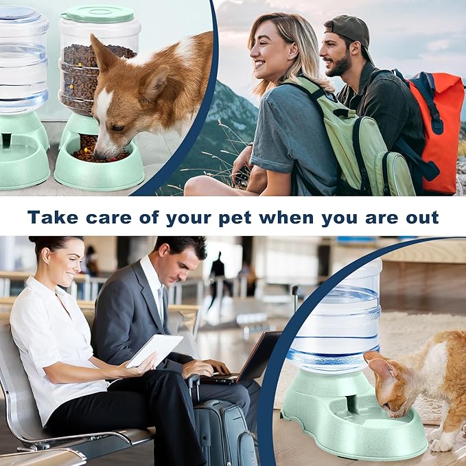 2 Pack Automatic Cat Feeder and Water Dispenser in Set Gravity Food Feeder and Waterer Pet Food Bowl for Small Medium Dog Pets Puppy Kitten Big Capacity 1 Gallon x 2 (2 Pack Green) - PAWPICO