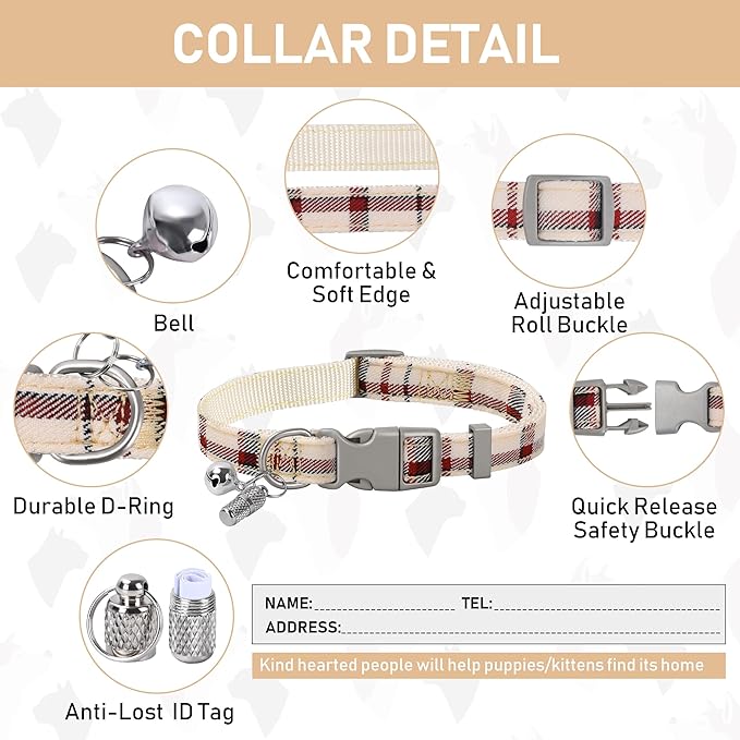 GAMUDA Small Dog Harness Collar and Leash Set, Step in No Chock No Pull Soft Mesh Adjustable Dog Vest Harnesses Plaid Reflective for Dogs Puppy Cats Kitten Rabbit (Warm Beige, XXS) GAMUDACollarsCollection