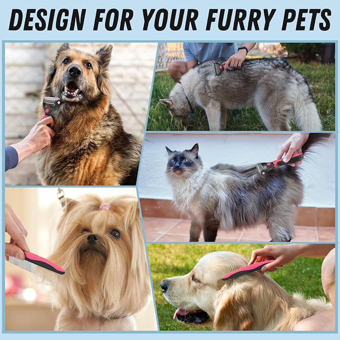 Pet Grooming Brush and Metal Comb Combo, Cat Brush Dog Brush for Shedding, Undercoat Rake for Dogs Grooming, Dematting Deshedding Brush Dogs Shedding Tool for Long matted Haired Pets, Pink - PAWPICO