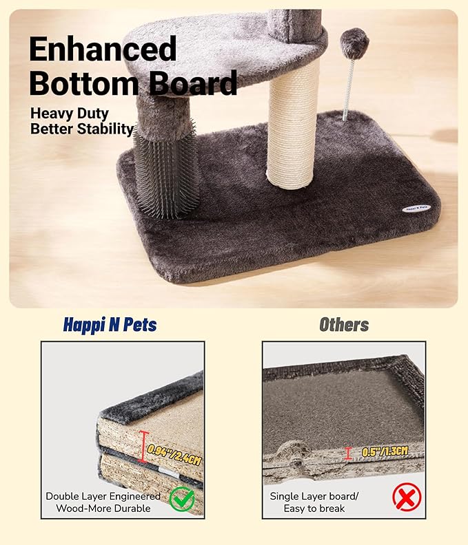 Happi N Pets 34“ Tall Cat Scratching Post for Big Cats, Natural Sisal Cat Scratchers for Indoor Cats, Heavy Duty Cat Stands Featuring with Cat Self Groomer and Hanging Toys, Free Catnip-Gray - PAWPICO
