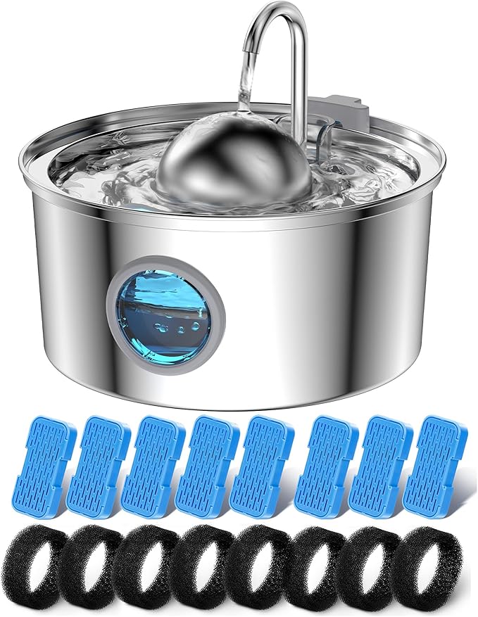 AONBOY Cat Water Fountain with 16 Filters, 108oz/3.2L Cat Fountain Stainless Steel, Includes 8 Carbon Filters and 8 Sponge Filters, Faucet Shape Dog Water Fountain, Double Noise Reduction Design - PAWPICO