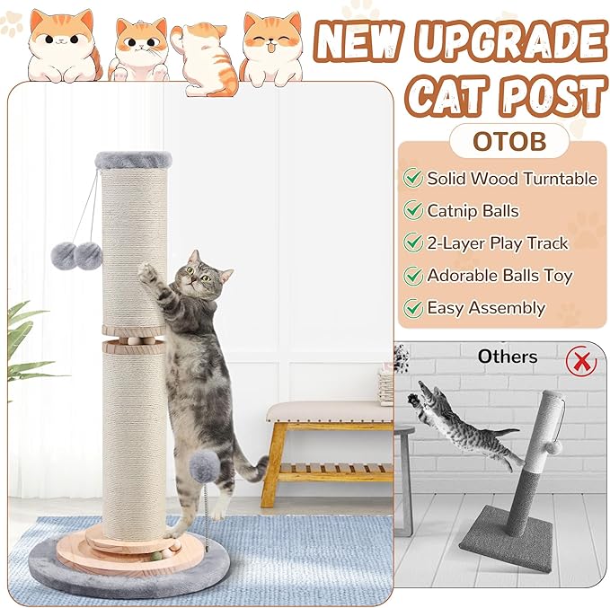 OTOB 32" Tall Cat Scratching Post, 4.3Inch Large Diameter Natural Sisal Rope Scratcher Post for Indoor Large Cats Kittens, 5-in-1 Interactive Turntable Cat Scratch Post (Gray, B-33Inch) - PAWPICO