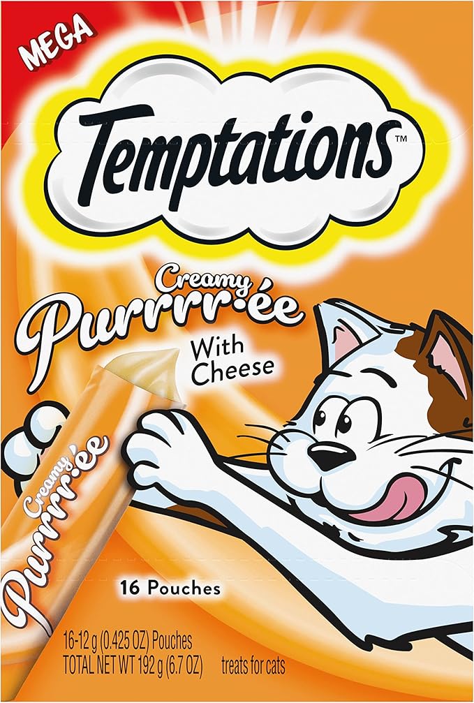 Temptations Creamy Puree with Cheese Lickable, Squeezable Cat Treats, 0.42 oz Pouches, 16 Count Temptations