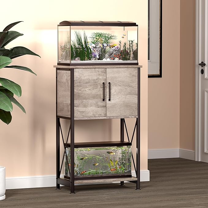 5-10 Gallon Fish Tank Stand, Metal Double Aquarium Stand with Cabinet for Fish Tank Accessories Storage, Heavy Duty 20.5" L* 11.02" W Tabletop, 500LBS Capacity Grey PG06YGZ Herture