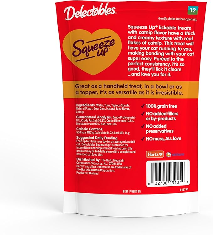 Hartz Delectables Squeeze Up Creamy Squeezable Puree, Lickable Wet Cat Treats, Grain Free, No Added Fillers, No by-Products, No Added Preservatives, 0.5 Ounces Tube Tuna with Catnip, 32 Tubes Total Hartz