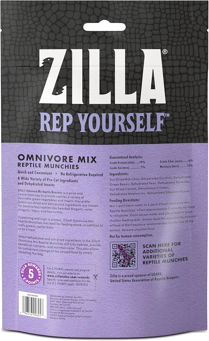 Zilla Reptile Munchies, Omnivore Mix, Dehydrated and Sun Dried Vegetables and Insects, Natural Ingredients, Resealable Bag 4 oz. Zilla