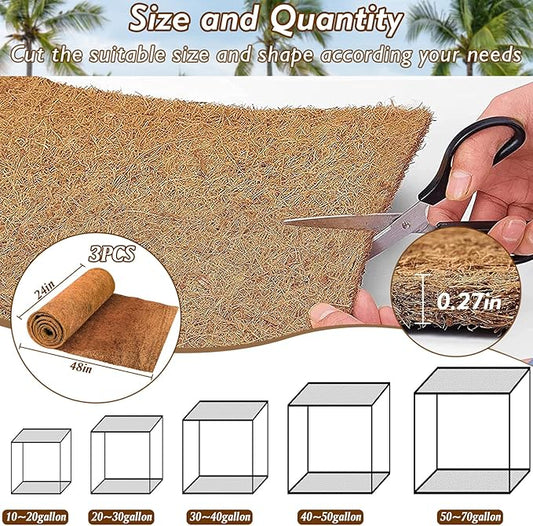 ZeeDix 3 Rolls Coconut Fiber Reptile Substrate Mat, 24 x 48 inches Natural Coco Mat Reptile Carpet Coco Fiber Liner Turtle Bedding Reptile Terrarium Liner for Lizard Snake Turtle Gecko Bearded Dragon ZeeDix