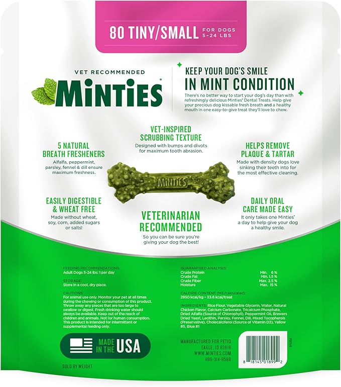 Minties Dental Chews for Dogs, 80 Count, Vet-Recommended Mint-Flavored Dental Treats for Tiny/Small Dogs 5-24 lbs, Dental Bones Clean Teeth, Fight Bad Breath, and Removes Plaque and Tartar Minties