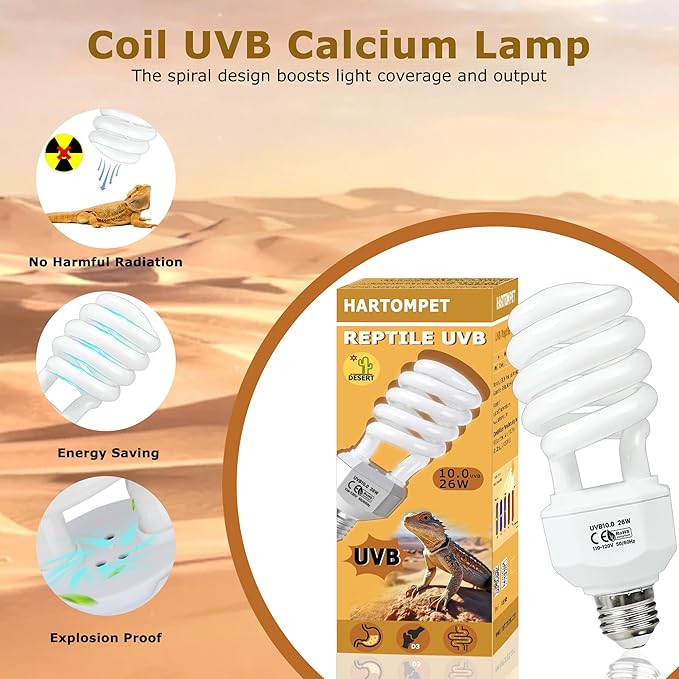 10.0 UVB Reptile Light 26W, Compact Fluorescent Desert Terrarium Lamp, Powerful Coil UVB Bulbs for Reptile Tanks and Terrariums, Ideal for Tortoises, Iguanas and Other Sun-Loving Species HARTOMPET