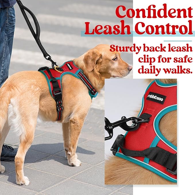 rabbitgoo Dog Harness, No-Pull Pet Harness with 2 Leash Clips, Adjustable Soft Padded Dog Vest, Reflective No-Choke Pet Oxford Vest with Easy Control Handle for Large Dogs, Red & Teal, L - PAWPICO