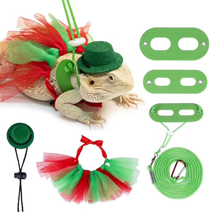 Bearded Dragon Christmas Costume Tutu Skirt Bowler Hat Leash Harness Reptile Christmas Cosplay Accessories Set for Lizard Leopard Gecko(Green) WODISON