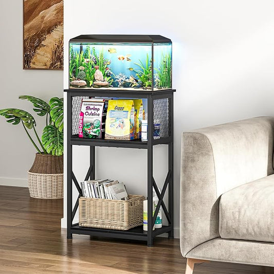 Snughome Fish Tank Stand, 10 Gallon Aquarium Stand with Storage, 3 Tier Heavy Metal Fish Tank Stand Fish Tank Shelf 20.47" x 11.42" x 30.91", Black Snughome