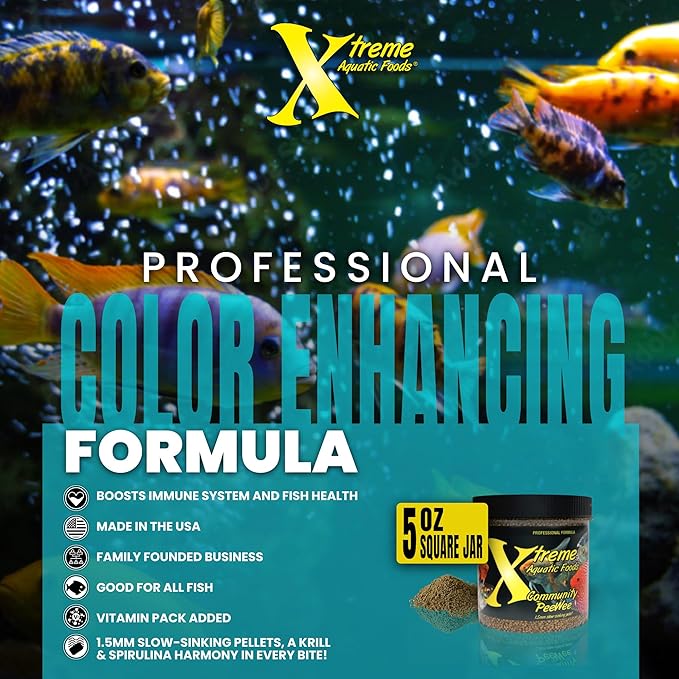 Xtreme Community Peewee 1.5mm Pellets: Slow Sinking & Ideal for Community Fish - Boosts Immune & Digestive Health, Enhances Color & Energy, Max Protein Fish Food – USA Farm Grown (5oz) XtremeAquaticFoods