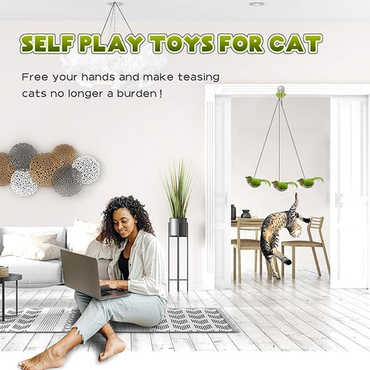 LEWISER Cat Toys Chirp Chickadee, Interactive Cat Feather Toys, Retractable Cat Teaser Toy, Hanging Toys for Indoor Cats Exercise, Kitten Kitty Fun Mental Physical Toys, Green (1 Pack) - PAWPICO