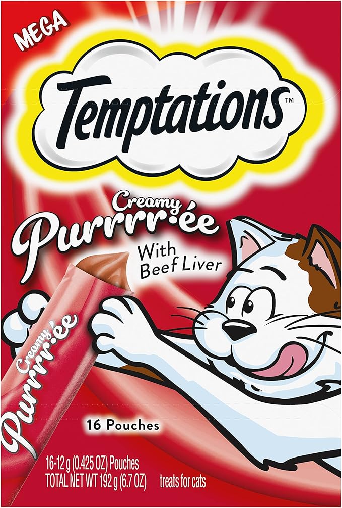 Temptations Creamy Puree with Beef Liver Lickable, Squeezable Cat Treats, 0.42 oz Pouches, 16 Count Temptations