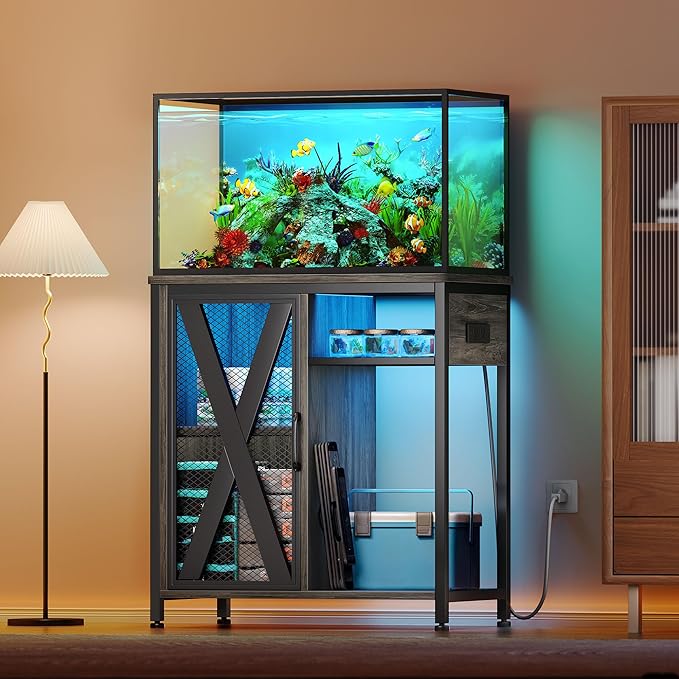 YITAHOME Fish Tank Stand with Power Outlets & LED Light, 20-29 Gallon Metal Aquarium Stand with Cabinet for Fish Tank Accessories Storage for Turtle Tank, Reptile Terrarium, 350LBS Capacity, Grey YITAHOME