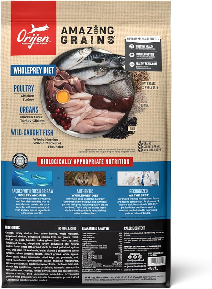 ORIJEN Amazing Grains Original Dry Dog Food, High Protein Dog Food, Fresh or Raw Ingredients - PAWPICO