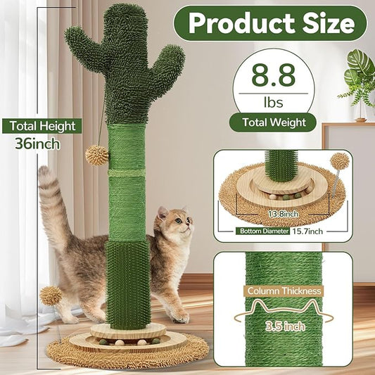 OTOB 36" Tall Cat Scratching Post, Natural Sisal Rope Cactus Scratcher Post, Vertical 6-in-1 Interactive Turntable Cat Scratch Post with Soft Ball Toys, Protect Your Furniture for All Indoor Cats - PAWPICO