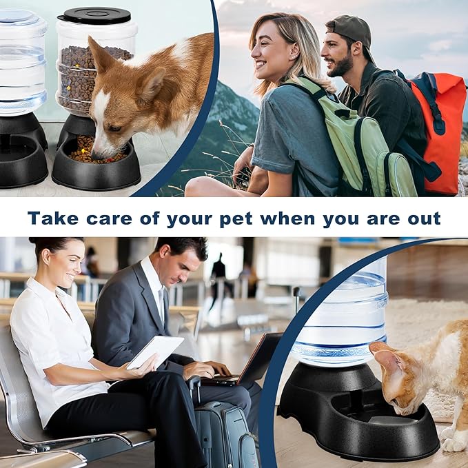 2 Pack Automatic Cat Feeder and Water Dispenser in Set Pet Food Bowl for Small Medium Dog Pets Puppy Kitten Big Capacity 1 Gallon x 2 (Dark Black) - PAWPICO
