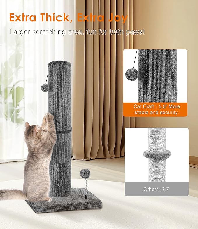 Carpet Craft Cat Scratching Post Heavy Duty for Indoor Large Cats and Adult Cats,Tall and Thicked Carpet Cat Scratcher Furniture Protector Cat Tree Tower with Interactivity Balls,Grey - PAWPICO