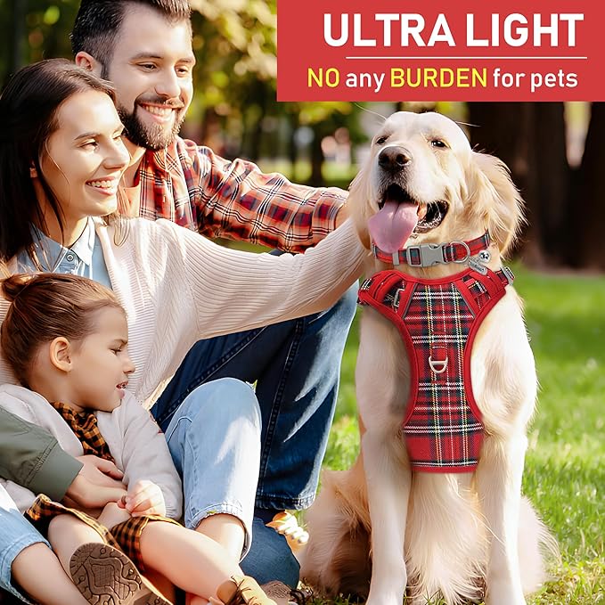 GAMUDA Dog Harness Collar and Leash Set, Dog Harness, No Chock No Pull Adjustable Vest Harnesses Plaid Reflective for Medium Dog, Cat, Small Horse, Small Bull and Pig (Red, XL) GAMUDACollarsCollection
