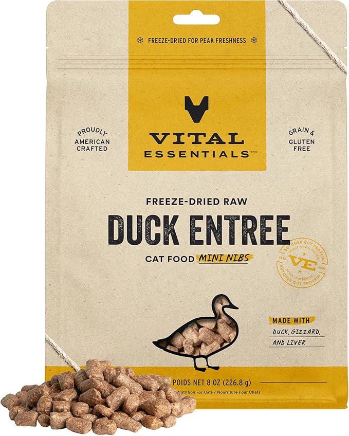 Vital Essentials Freeze Dried Raw Cat Food, Duck Mini Nibs Entree, 8 oz VitalEssentials