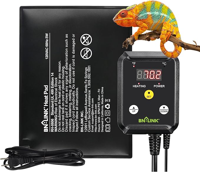 BN-LINK Durable Reptile Heating Pad 6" X 8" with Digital Thermostat Under Tank Heater Terrarium Warmer Combo Set for Turtles, Lizards, Frogs, and Other Reptiles BN-LINK