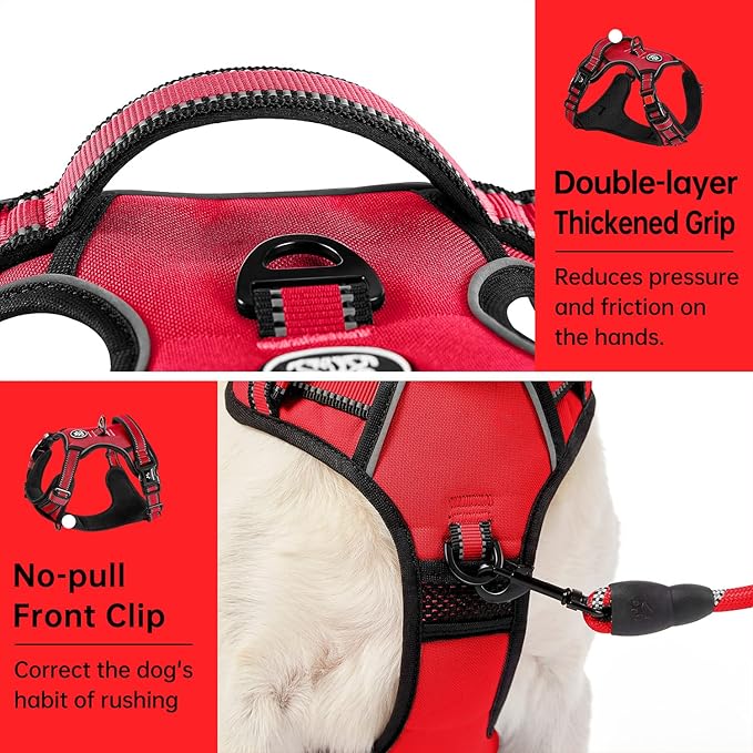 IVY&LANE No Pull Dog Harness for Large Dogs, Dog Vest Harness with Leash, Safety Belt and Storage Strap, Fully Adjustable Harness, 360° Reflective Strip, Soft Handle (Red, L) IVYLANE