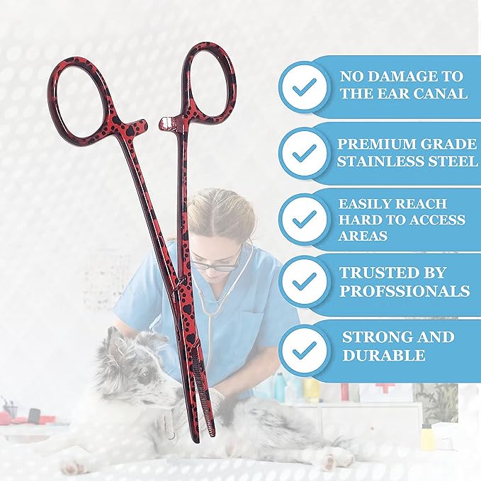 Dog Pet Ear/Nose Hair Puller Grooming Hemostat Locking Forceps Pliers, 5.5" (14cm), Straight (Red Paws) A2Z+SCILAB