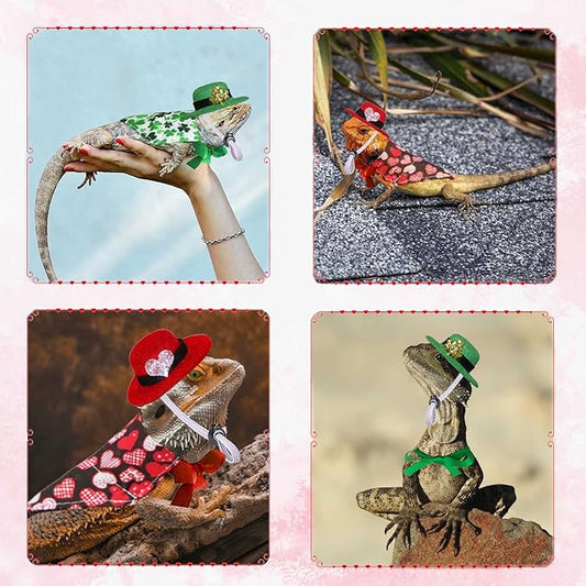 4 Pcs Bearded Dragon Valentine’s Day St. Patrick’s Day Costumes, Lizard Valentines St Patricks Hats Bandanas Outfits for Bearded Dragon Lizard Hamster Guinea Pig Small Animal JOTFA