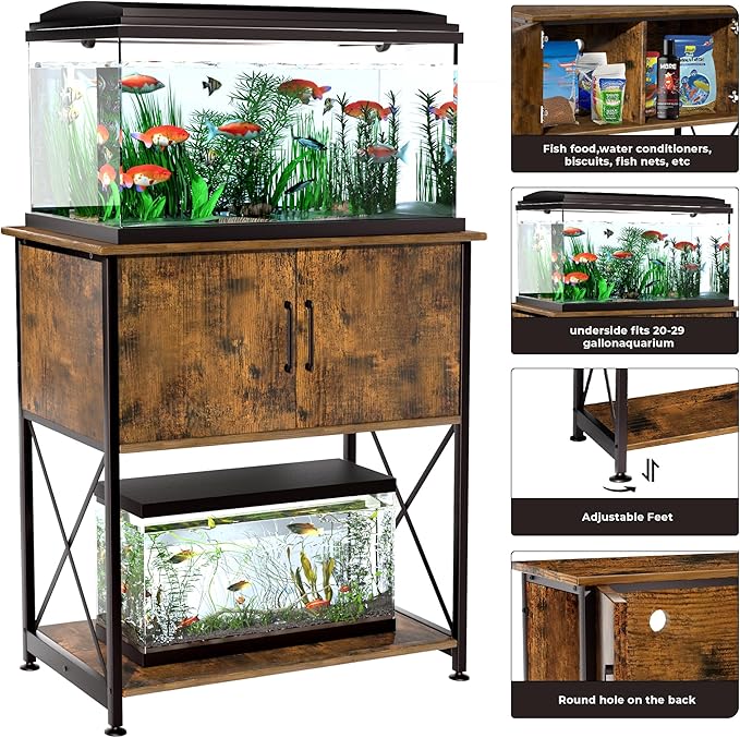 20-29 Gallon Aquarium Stand Metal Frame Fish Tank Stand with Cabinet Storage, for 20 Gallon Long Aquarium,30.7" L*16.5" W Tabletop,330LBS Capacity Rustic Brown and Black PG01YGN Herture