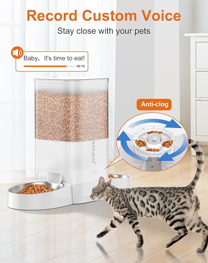 HoneyGuaridan 5L Automatic Cat Feeder for Two Cats, 2.4G WiFi Enabled Smart Feed Pet Feeder with Stainless Steel Bowl,APP Control Dispenser, Dual Power Supply,Desiccant Bag,10s Meal Call White - PAWPICO