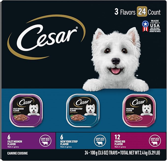 CESAR Adult Soft Wet Dog Food Filets in Gravy Variety Pack, Filet Mignon, New York Strip and Prime Rib Flavors, (24) 3.5 oz. Trays - PAWPICO