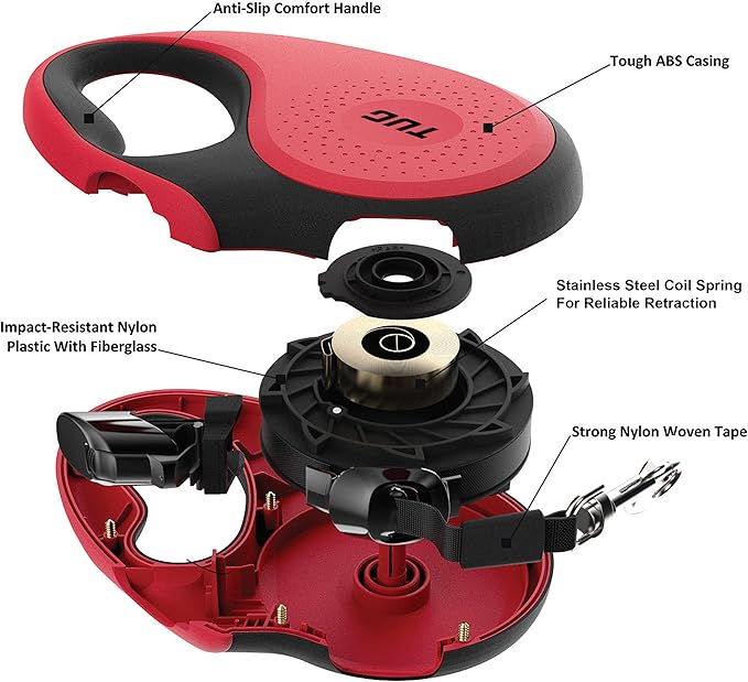 TUG 360° Tangle-Free Retractable Dog Leash with Anti-Slip Handle | 16 ft Strong Nylon Tape | One-Handed Brake, Pause, Lock (Small, Red) TUG