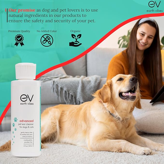 Earth Vibes Dog & Cat Ear Cleaner – Pet Cat Ear Cleaner - Advanced Natural Solution Treatment for Itching, Head Shaking, Discharge & Smelly Ears - Made in The USA EarthVibes