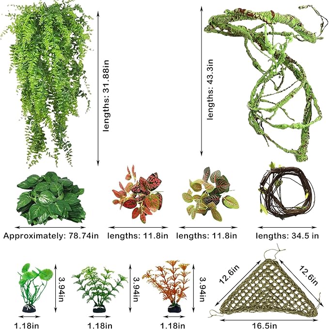 kathson 10 PCS Reptile Vines Plants Flexible Bendable Jungle Climbing Vine Terrarium Plastic Plant Leaves Pet Tank Habitat Decor for Bearded Dragons Lizards Geckos Snakes Frogs and More Reptiles kathson