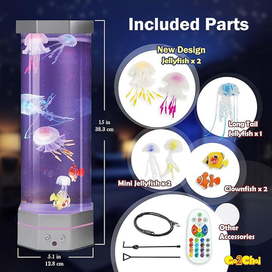 Jellyfish Aquarium Lamp Fake Fish Jelly Fish Tank Aquarium Lava Lamp Night Light Room Decor,7 Jellyfish&Clownfish,Adult Kids Home Office Room Desk Light Go2Chai