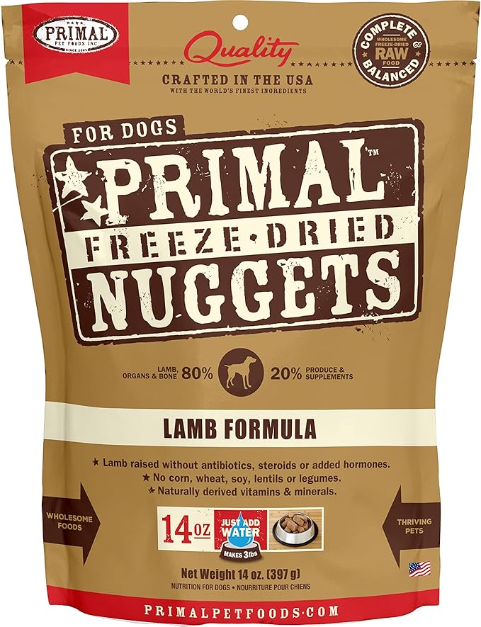 Primal Freeze Dried Raw Dog Food Nuggets, Lamb, Complete & Balanced Meal, Also Use as Topper or Treat, Premium, Healthy, Grain Free, High Protein Raw Dog Food, 14 oz PrimalPetFoods