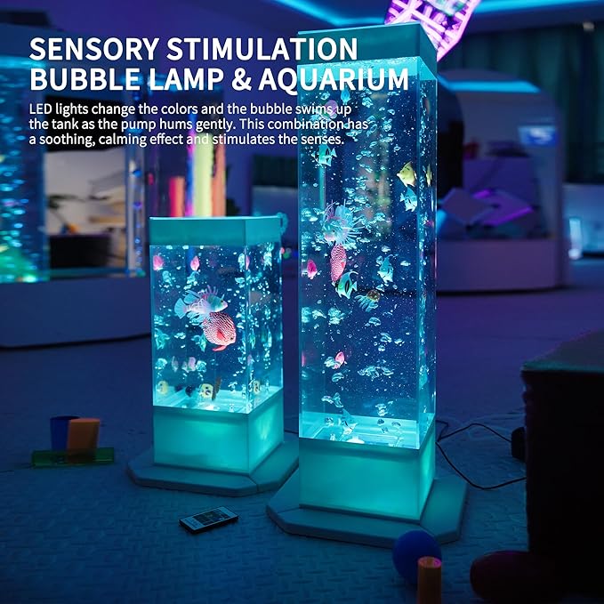 20 Inch 8-Color Changing Sensory Bubble Fish Lamp, Aquarium with 12 Artificial Fish for Home Decor, Mood Lighting - Ideal for Kids, Adults, ADHD & Autism Tenmind