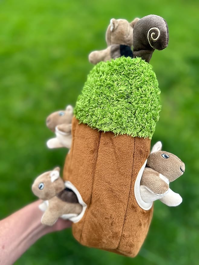 Squirrel in Tree Hide and Seek Dog Toy for Small and Medium Size Dogs, Plush Squirrel Inside Trunk Dog Toy with Squeaker, Interactive Burrow Dog Toy (Tree with Squirrels, Medium) - PAWPICO
