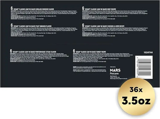 CESAR Adult Wet Dog Food Classic Loaf in Sauce Grilled Chicken, Filet Mignon, Porterhouse Steak, Beef, Chicken & Liver and Turkey Variety Pack, 3.5 oz. Easy Peel Trays, Pack of 36 - PAWPICO