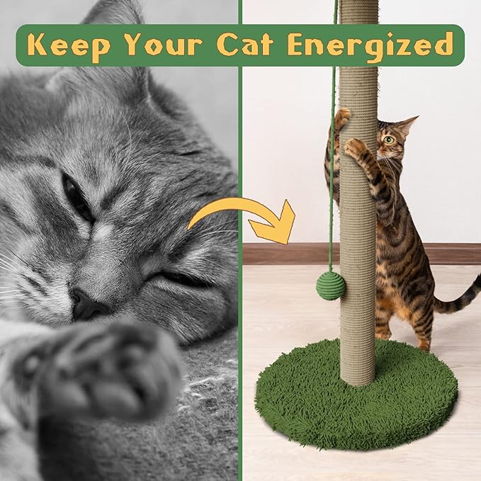 Cat Scratching Post for Indoor Cats and Kitten, 33.5" H Sisal Rope Scratching Posts with Simulated Leaves, Kitten Scratcher with Soft Platform and Hanging Ball - 1 Cat Teasing Stick - PAWPICO