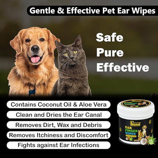 Hanu Ear Finger Wipes for Dogs & Cats Gently Remove Dirt, Wax & Debris - Relieve Ear Itching & Discomfort, Sooths & Deodorizes - All Natural Ingredients - Vet Recommended - 50 Count Hanu