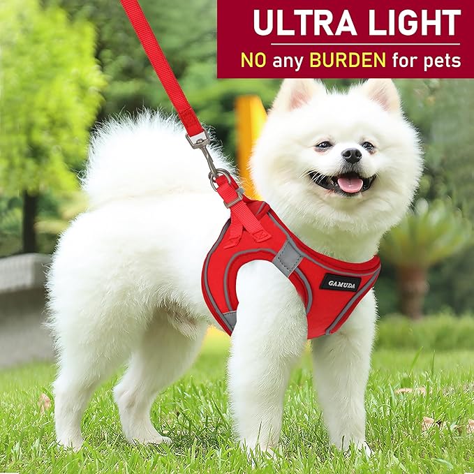 GAMUDA Small Pet Harness Collar and Leash Set, Step in No Chock No Pull Linen Fabric Soft Mesh Dog Vest Harnesses Reflective for Dogs Puppy Cats Kitten Rabbit (Red, XS) GAMUDACollarsCollection