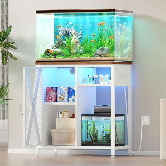 YITAHOME Fish Tank Stand with Power Outlets & LED Light, 20-29 Gallon Metal Aquarium Stand with Cabinet for Fish Tank Accessories Storage for Turtle Tank, Reptile Terrarium, 350LBS Capacity, White YITAHOME