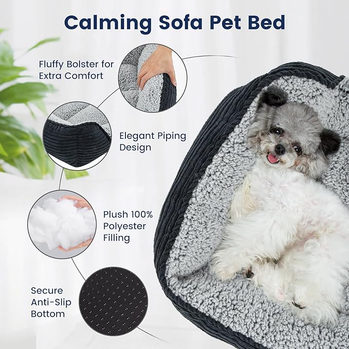 Miguel Washable Dog Bed with Removable Cushion for Small Dogs, Easy to Wash Pet Sofa Bed with Side, Rectangle Bolster Cat Bed Calming Cuddle Puppy Bed with Anti-Slip Bottom, Black 18 Inch - PAWPICO
