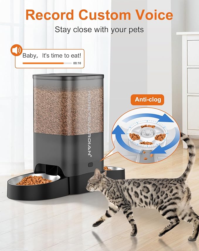 HoneyGuaridan 5L Automatic Cat Feeder for Two Cats, 2.4G WiFi Enabled Smart Feed Pet Feeder with Stainless Steel Bowl,APP Control Dispenser, Dual Power Supply,10s Meal Call Black - PAWPICO