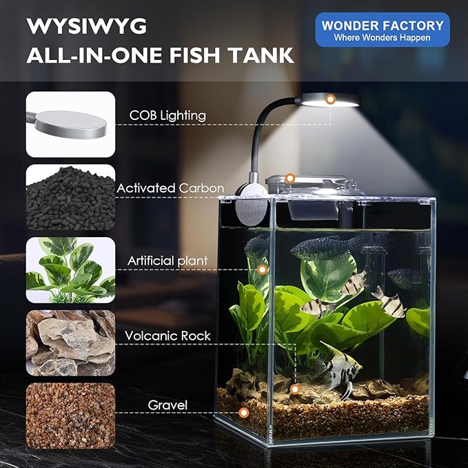 1.5 Gallon Aquarium Betta Fish Tank Starter Kit, Self Cleaning Filter HD Float Glass Small Fish Bowl Light Rocks Gravel Plants Cleaning Tool Set, Beginner's Gift for Snails, Guppy, Shrimp WONDERFACTORY