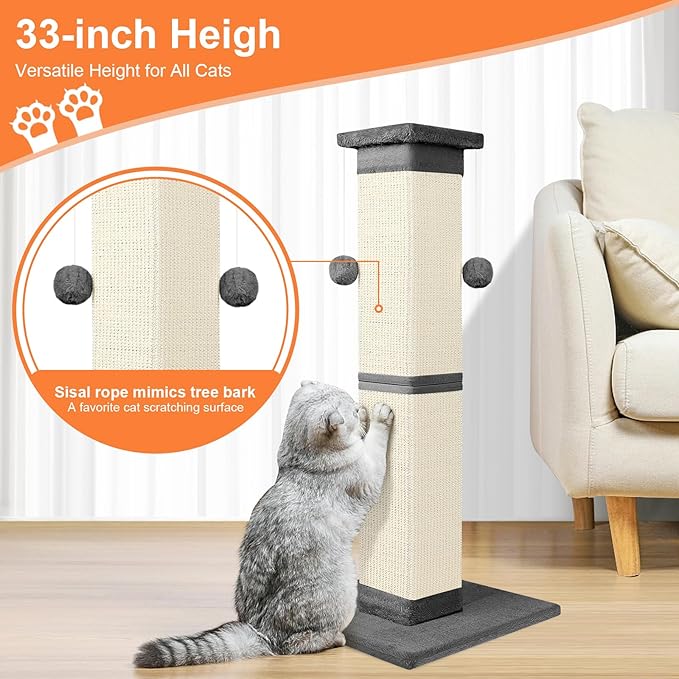Cat Scratching Post 33 Inch Nature Sisal Cat Scratch Post for Indoor Cats, Large Cat Scratcher Protect Your Furniture, for All Breeds Grey - PAWPICO