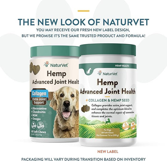 NaturVet Hemp Advanced Joint Health Dog Supplement Plus Hemp Seed – Helps Support Joint Health in Dogs – Includes, Collagen, Glucosamine, MSM, Chondroitin, Omegas – 60 Ct. NaturVet